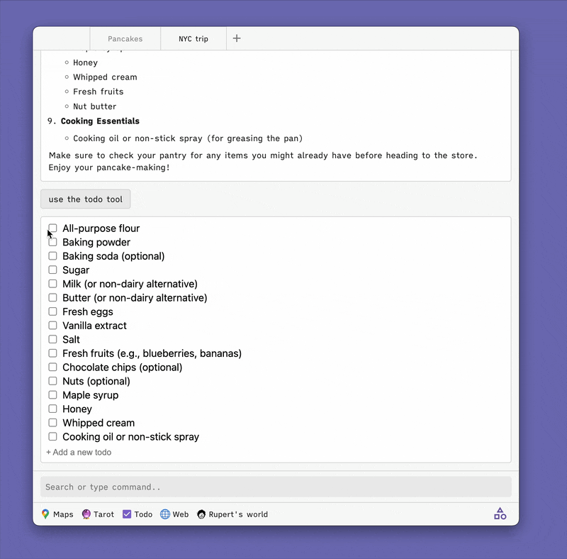 A screen capture of the Unternet client, showing the user creating a workspace tab, renaming it, and switching between tabs
